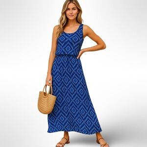 Lucky Brand Blue Ikat Maxi Dress Size XS Sleeveless Slub Knit Cotton